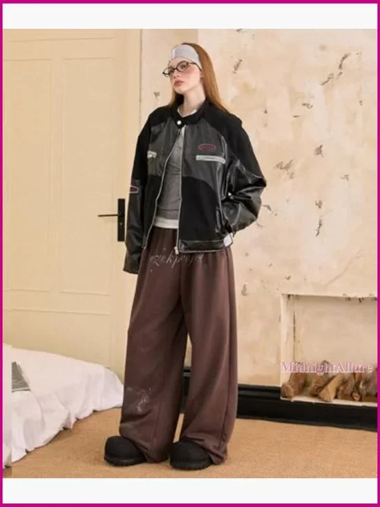 Faux Leather Moto Jacket Denim Patchwork Zip Up Streetwear Coat - Picture 2 of 4